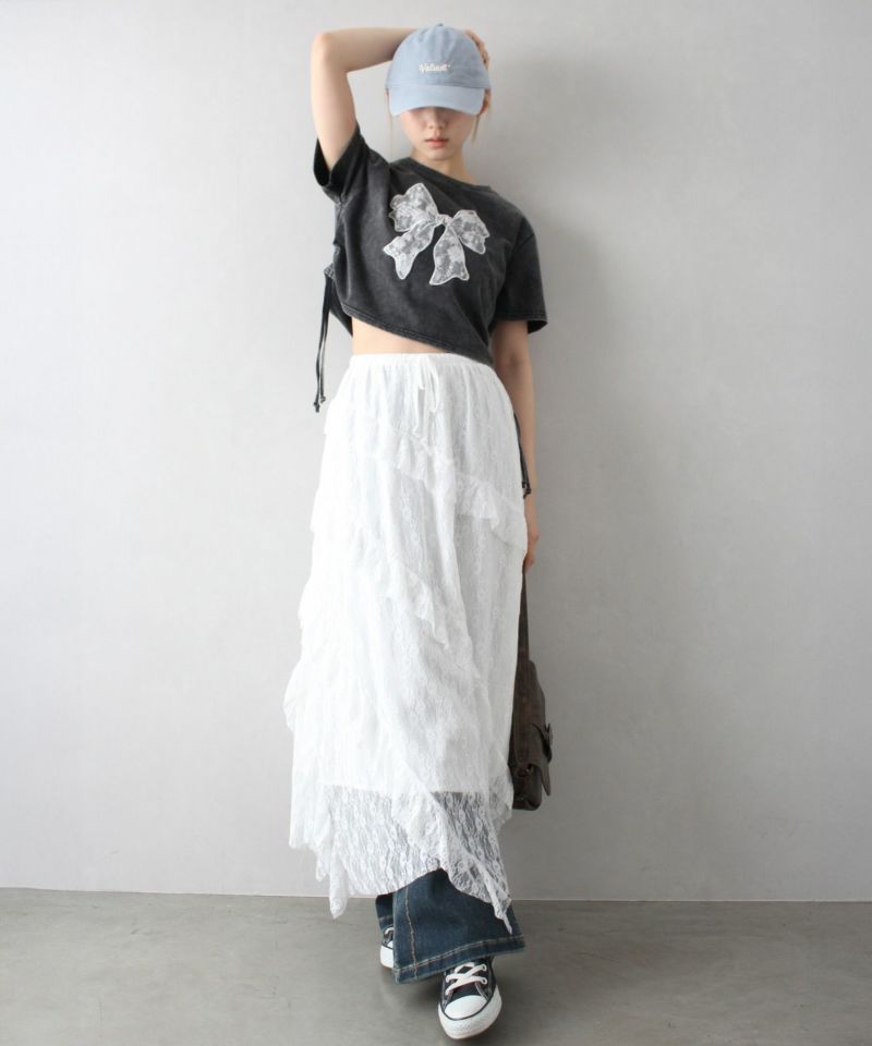 【PLACE STUDIO】★人気★レースリボンシャーリングTシャツ セール】レースリボンシャーリング Tシャツ（Tシャツ