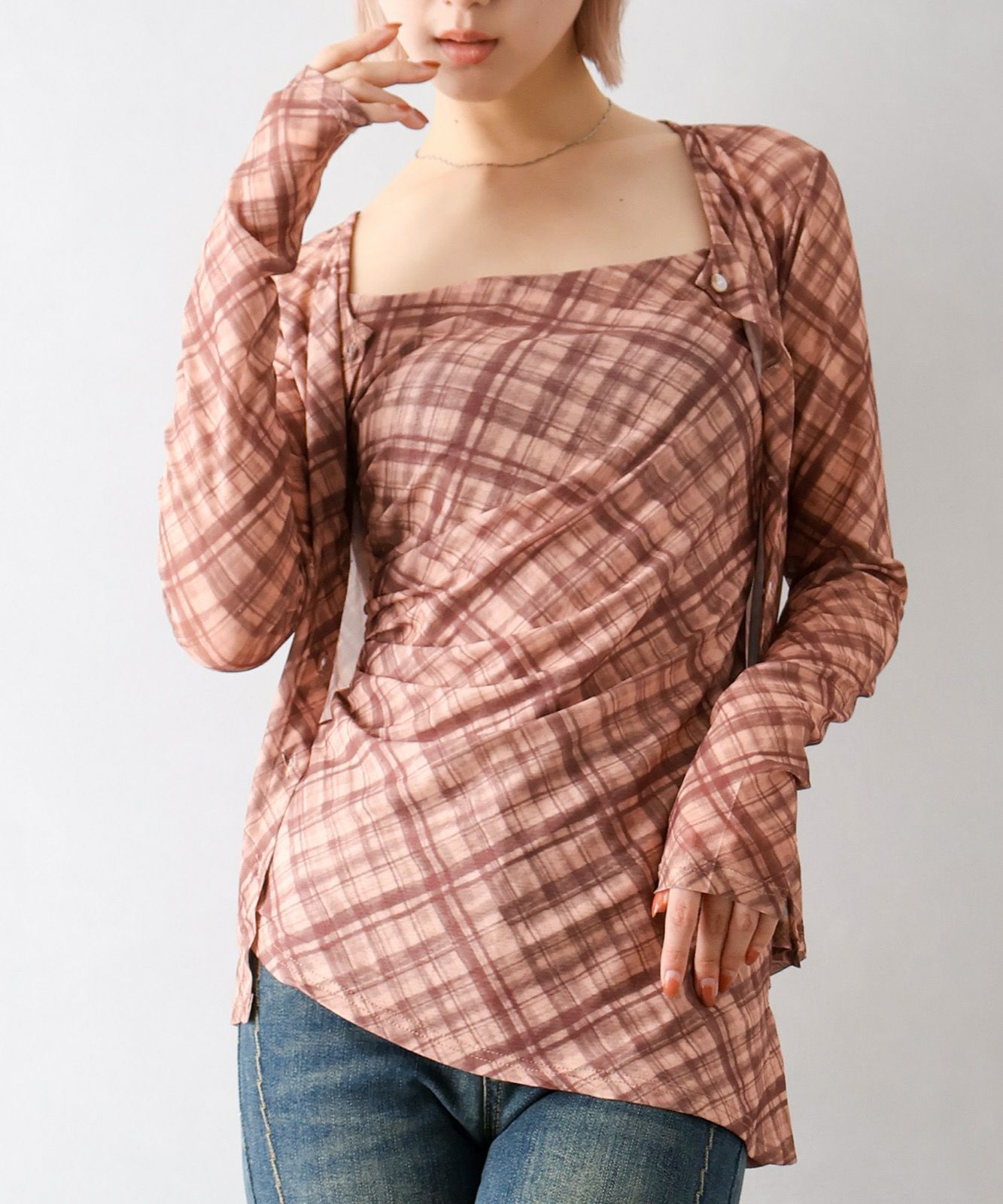 バーガンディ チェック柄 キャミソールセット｜バーガンディ チェック