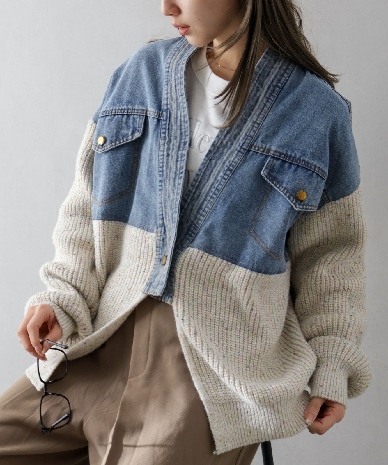 デニム切替ニットカーディガン | SpRay
